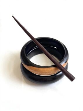 Handmade Wood Bangle & Hair Stick 3-Piece Set | Black & Two-Tone